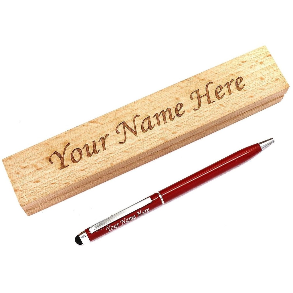 [SKU00555] Personalised Red Metal Pen with Stylus & Wooden Box