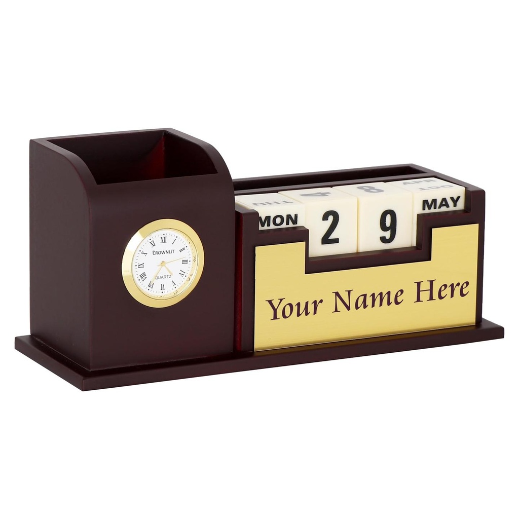 Wooden Organizer Pen Stand with Calendar, Color : Gold & Silver