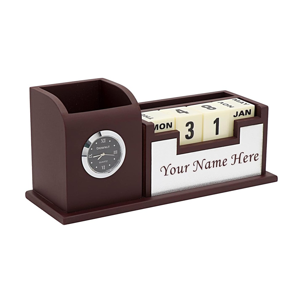 Wooden Organizer Pen Stand with Calendar, Color : Brown & Silver
