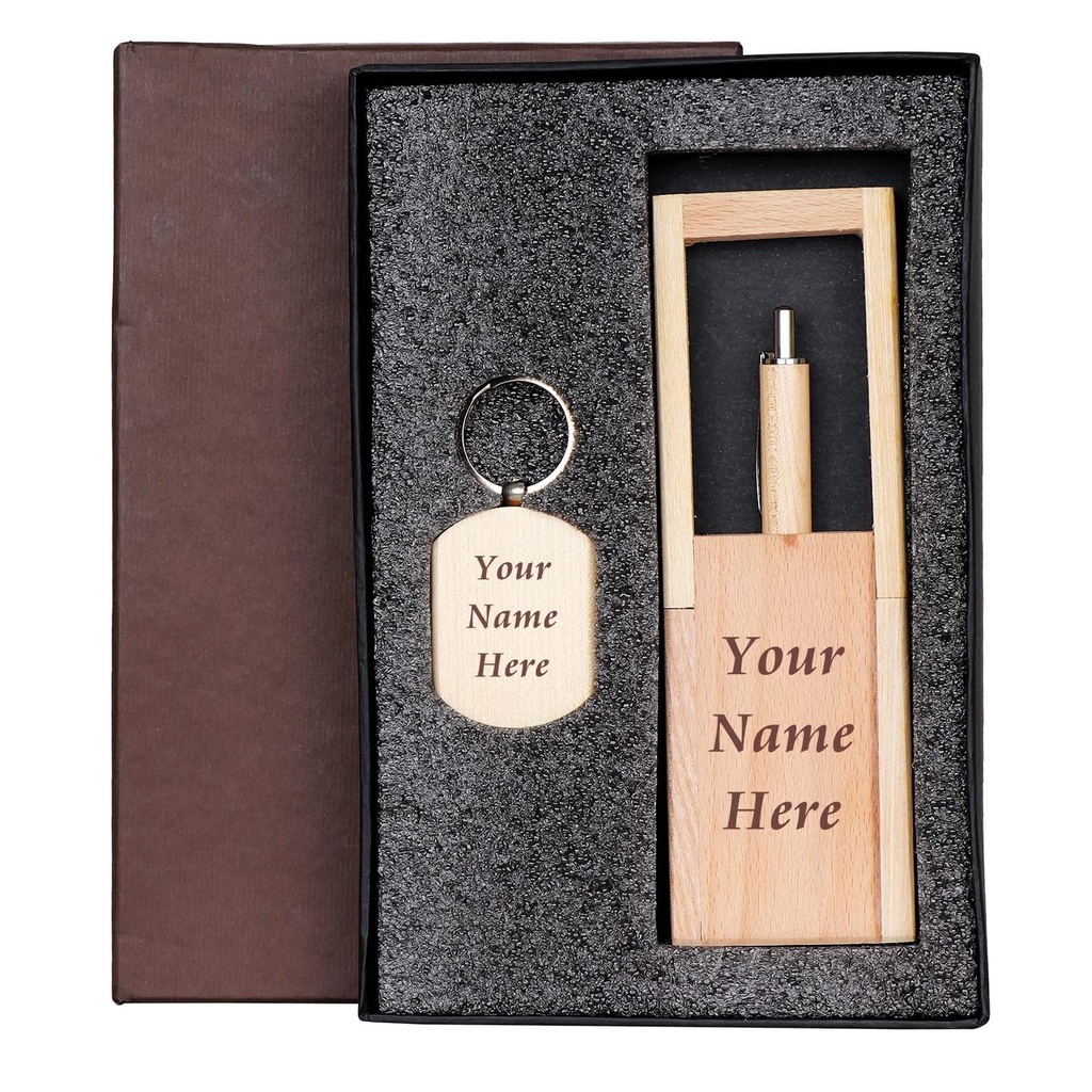 [3in1WudNW] Wooden Gift Combo of Pen, Keychain & Stand