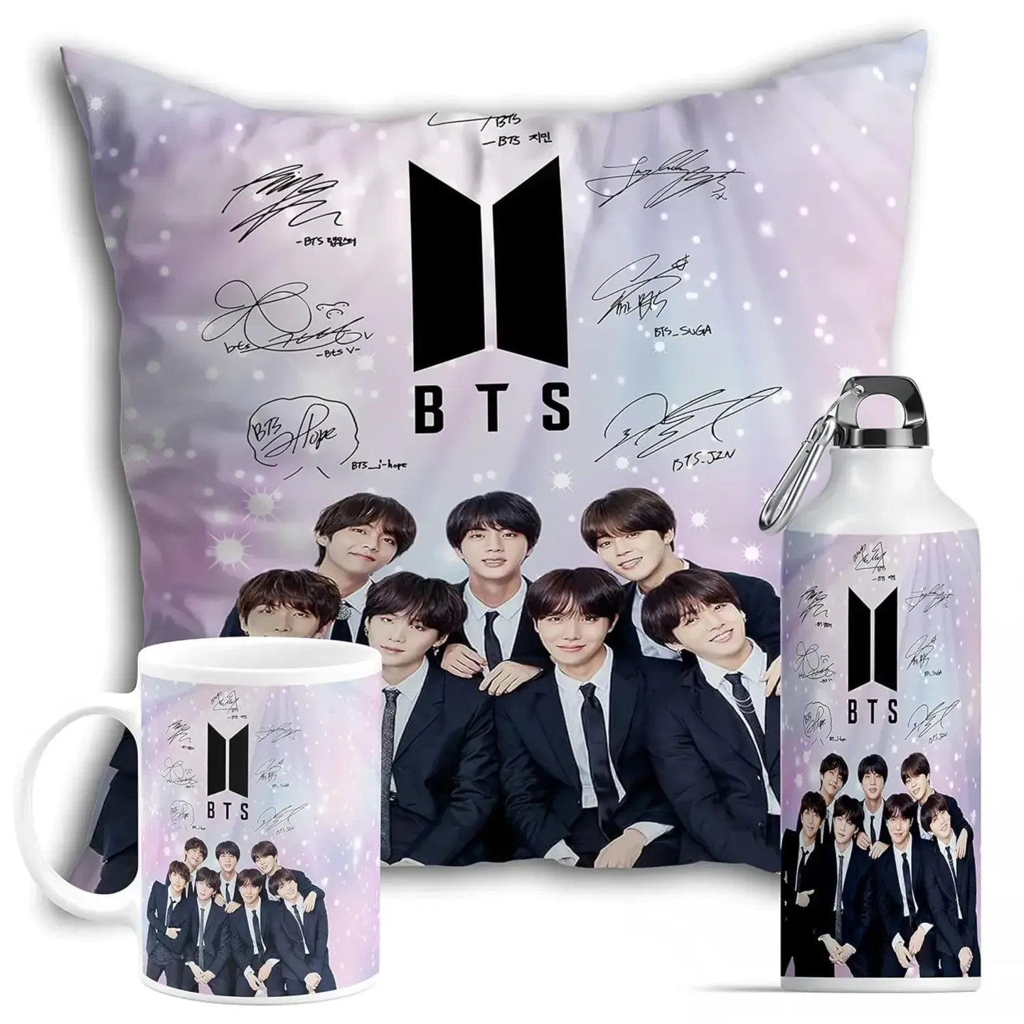 BTS Combo Printed Ceramic Coffee Mug, Sipper Bottle & Cushion Cover With Filler (12X12 Inch) For Decoration/ Bts Merch