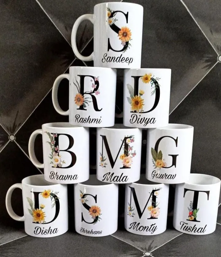 Name with Initial customised Mug (White, Round Handle)