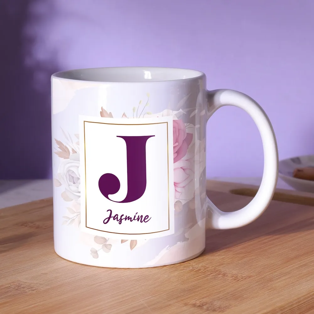 [PURPLE COLOUR I-Inner & Handle Color-White,Handle-Round Handle] Purple Colour Initial Personalized Mug (White, Round Handle)