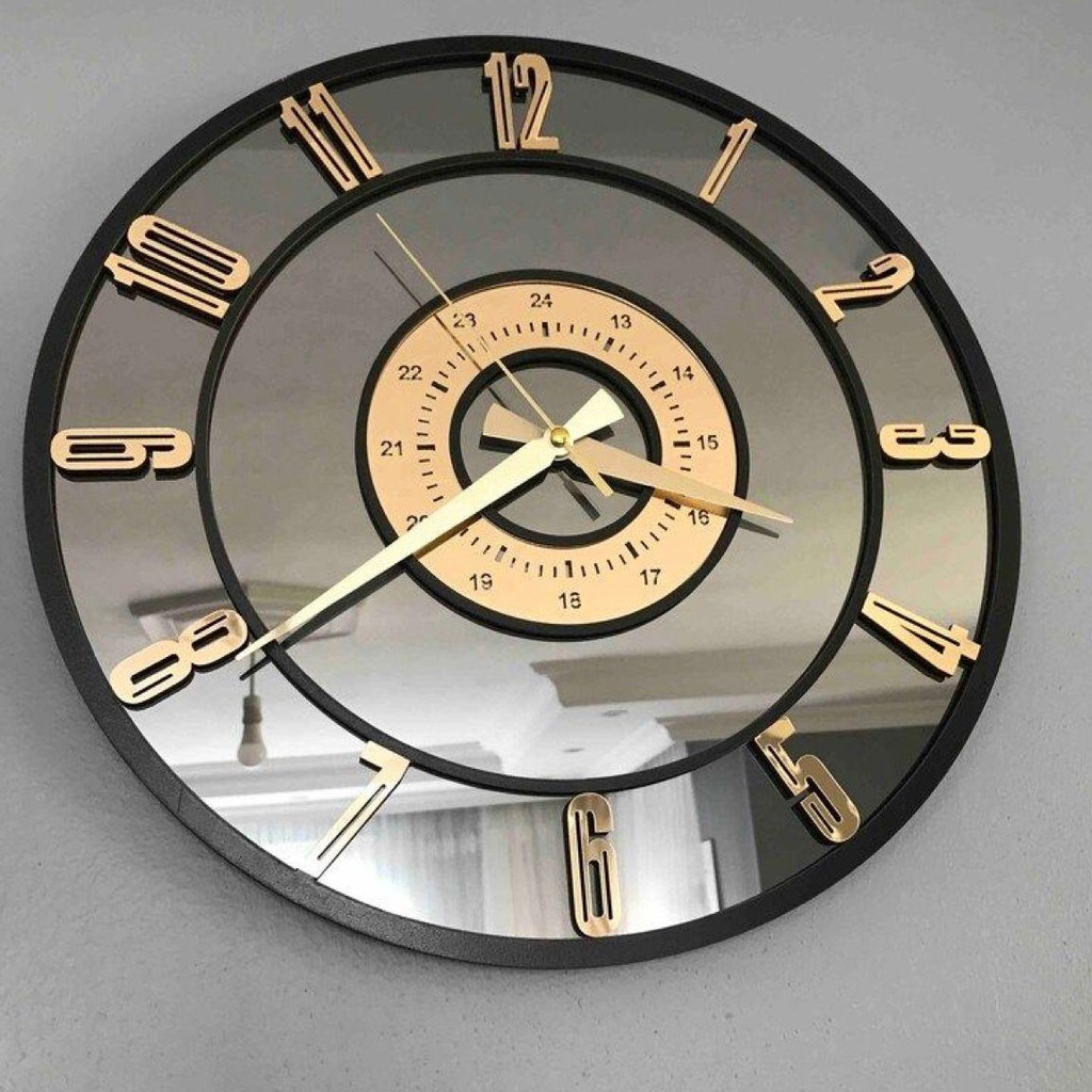 Eclipse 12-Modern and Sleek Wall clock for Home and Office (Medium 16x16 inches, Matt Wooden MDF, Golden/Black)