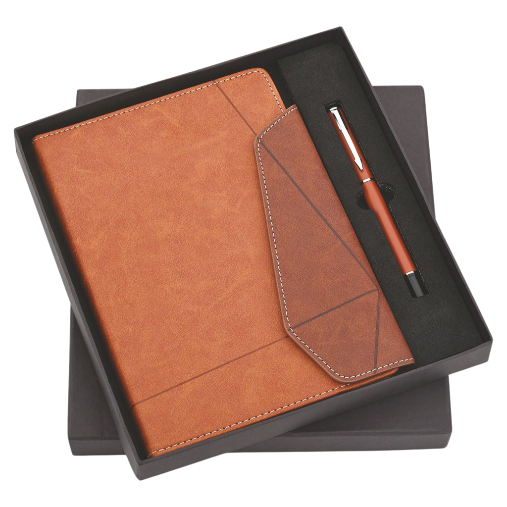 Premium Leather Diary and Pen Gift Set, Personalised Name Option, Brown.