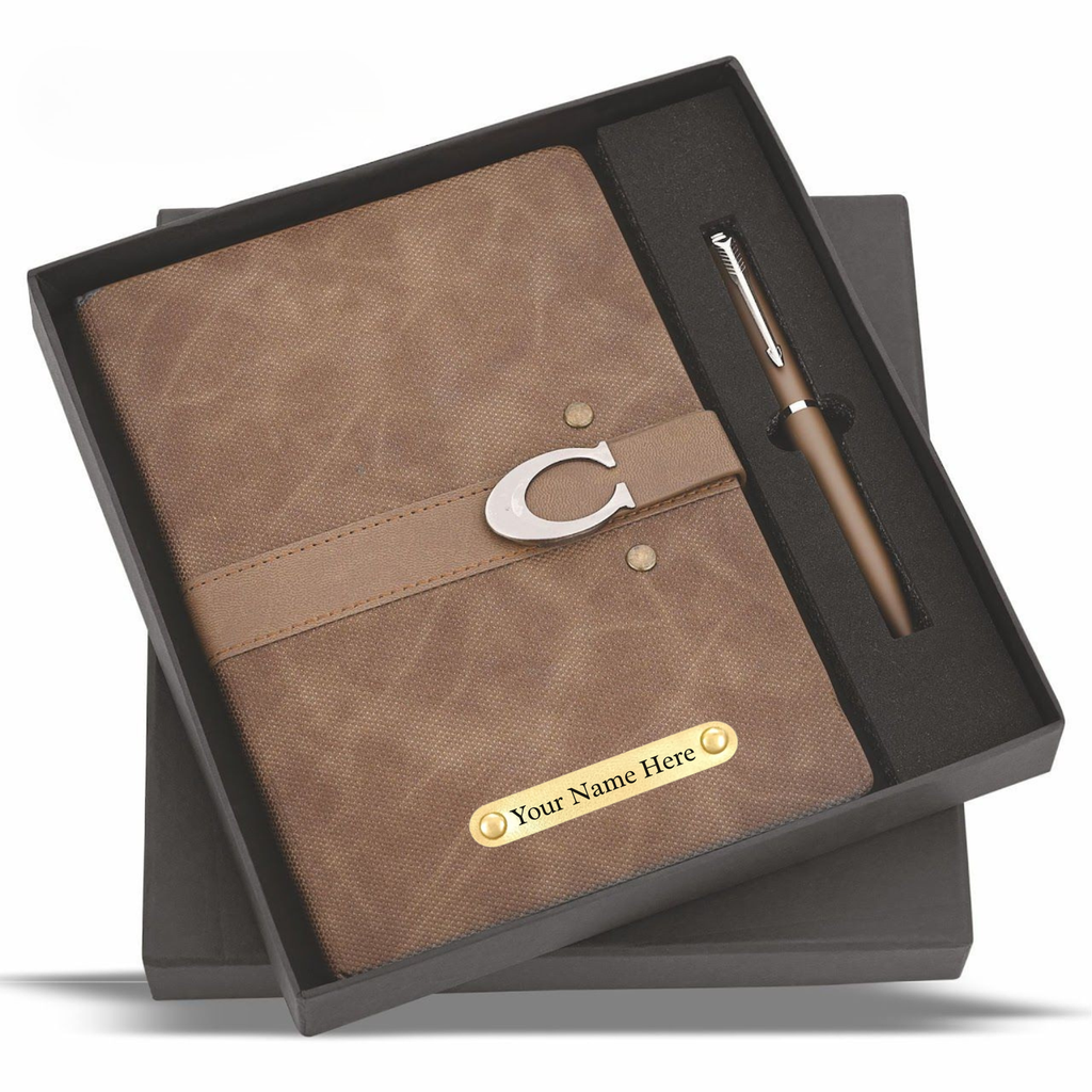 [SKU00572] Personalized Magnetic Leather Notebook Gift Set with Pen, Brown, Customizable Name Plate