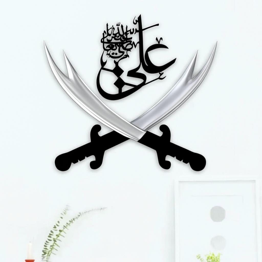 Sword of Hazrat Ali Zulfiqar Islamic Wall Decor (Large Silver Swords+Mdf (24x24))