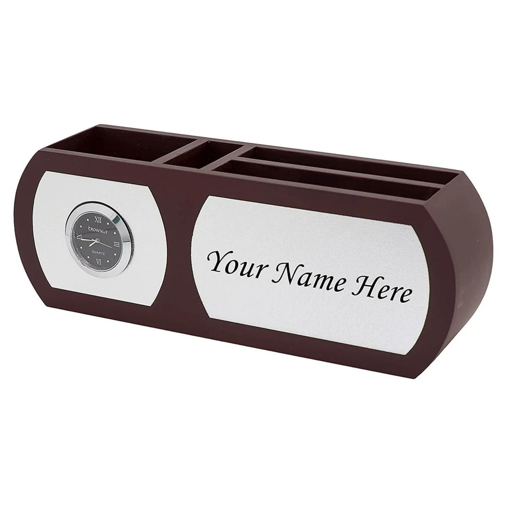 Personalized Table Clock with Mobile Stand, Pen Stand & Cardholder, Your Name Printed (Engraved)