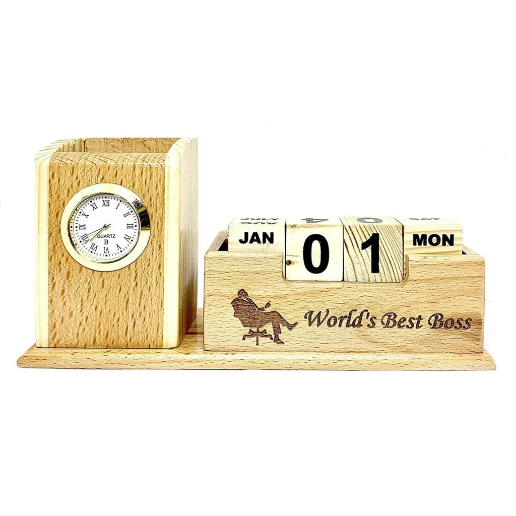 Desk Table Organizer with"World's Best Boss" (22 cm x 15 cm x 10 cm, Brown)