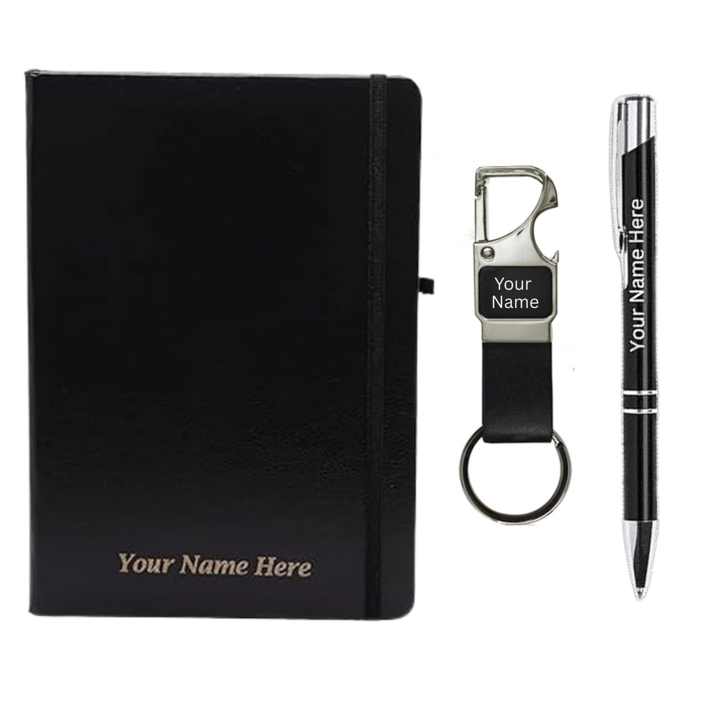 Personalised Business, Travelling Gift Set with Notebook, Keychain and Pen, Black