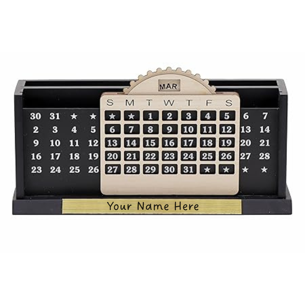 [SKU00569] Personalized Desk Calendar with Name Plate, Lifetime Calendar Organiser, Black and Beige