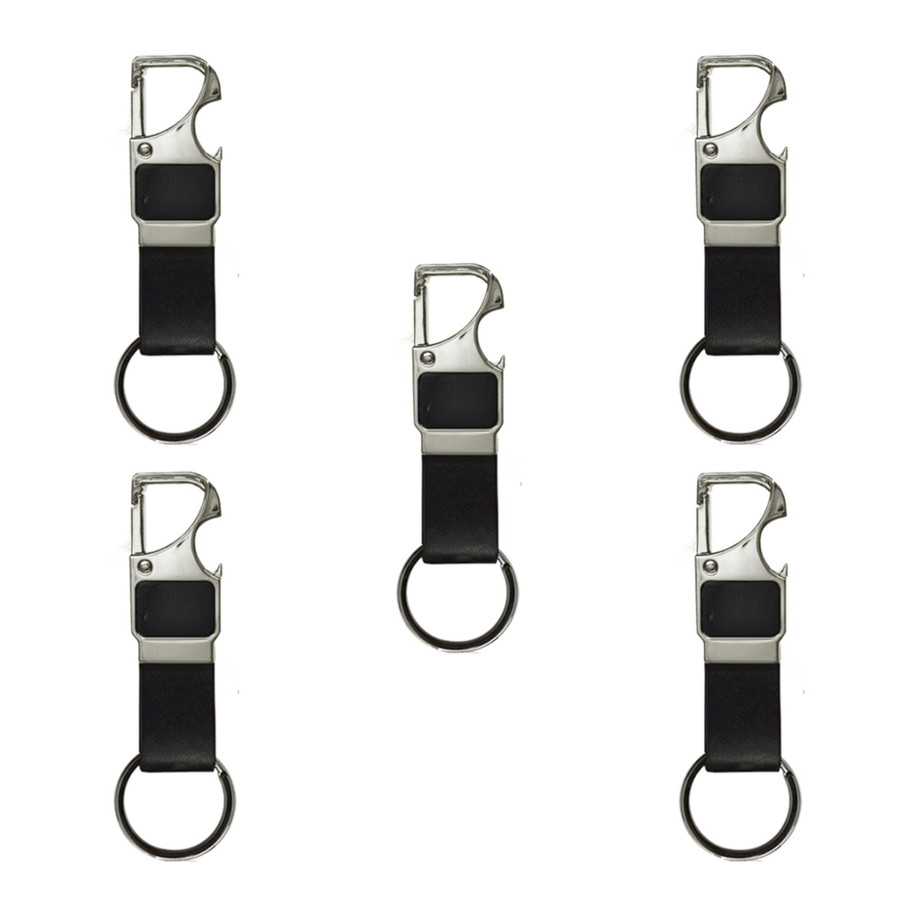 Personalized Metal Keychain with Bottle Opener, Pack of 5, Black Leather Loop, 10 cm x 3.3 cm