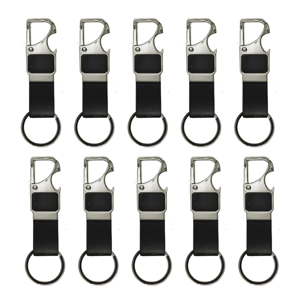 Personalised Metal Keychain with Bottle Opener, Pack of 10, Black Leather Loop, 10 cm x 3.3 cmz