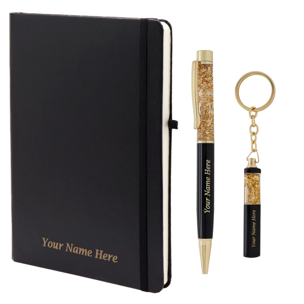 Zuraiq Gift Set, Black and Gold Pen with Keychain and Notebook, Customizable Name