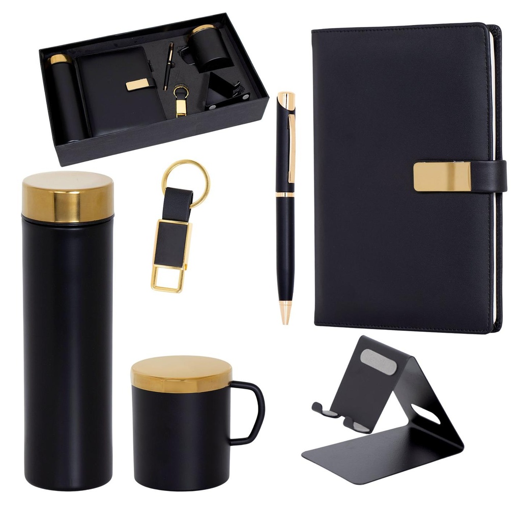 Zuraiq 6-in-1 Combo Gift Set with 500ml Steel Bottle, Coffee Mug, Mobile Stand, Ball Pen, Keychain, A5 Diary, Black/Gold