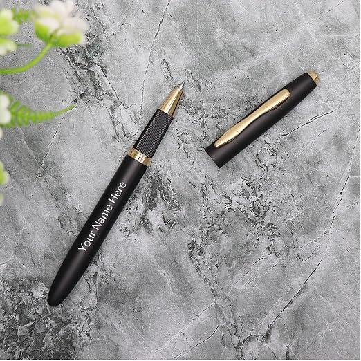 [SKU00014] Zuraiq Customizable Metal Pen, Black with Golden Accents, Magnetic Cap, Roller Gel Ink