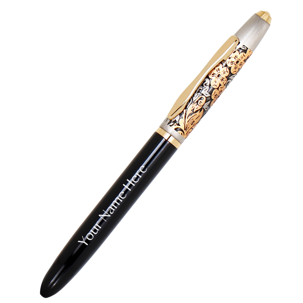 Zuraiq's Metallic Floral Design Magnetic Cap Roller Gel Pen, Customizable, Black and Gold